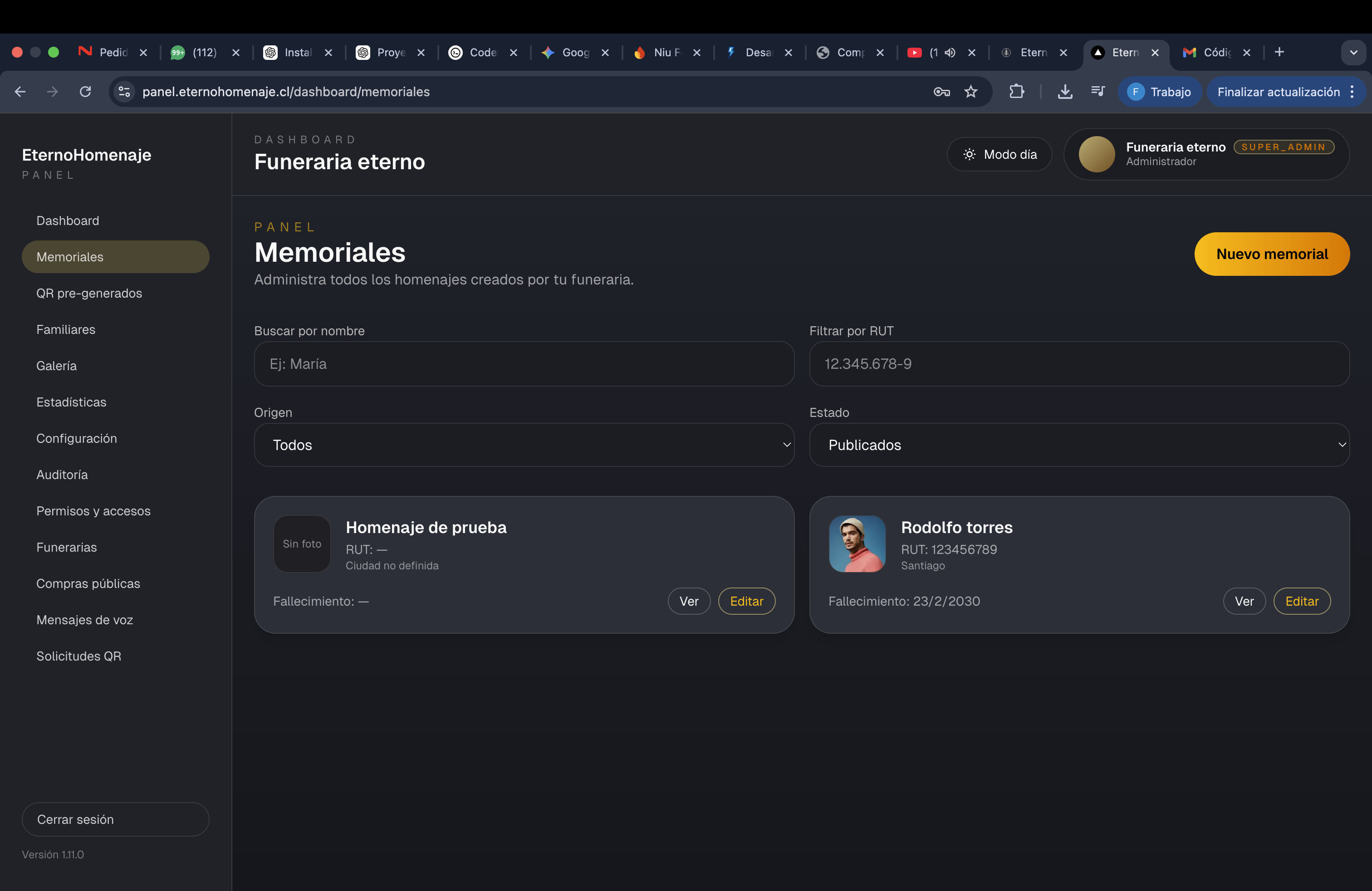 Listado de memoriales